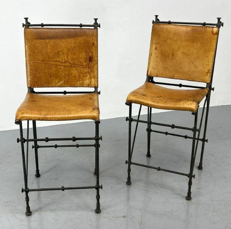 Pair of European Modernist Iron & Rebar Frame Stools in Distressed Leather In Good Condition For Sale In Chicago, IL