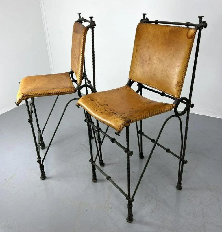 20th Century Pair of European Modernist Iron & Rebar Frame Stools in Distressed Leather For Sale