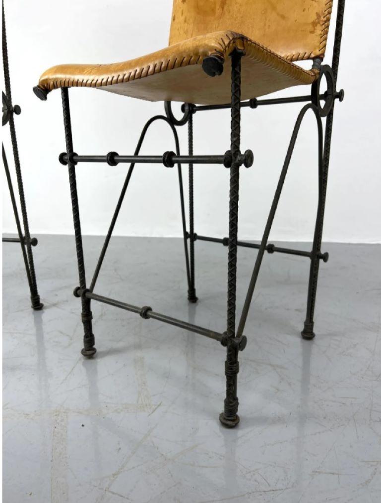 Pair of European Modernist Iron & Rebar Frame Stools in Distressed Leather For Sale 1