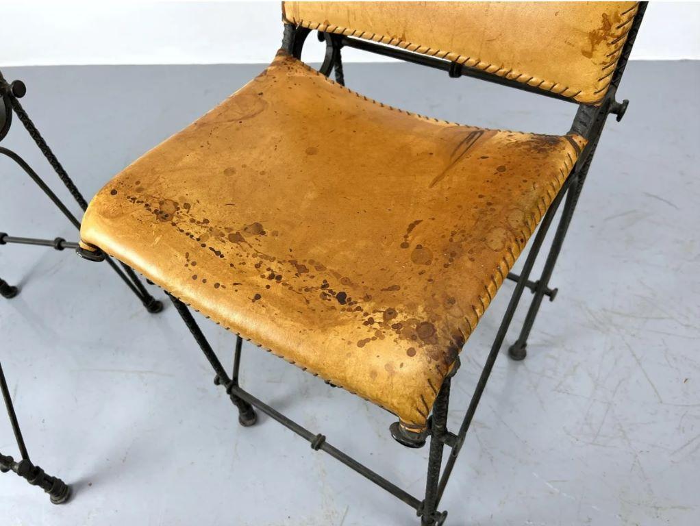 Pair of European Modernist Iron & Rebar Frame Stools in Distressed Leather For Sale 3