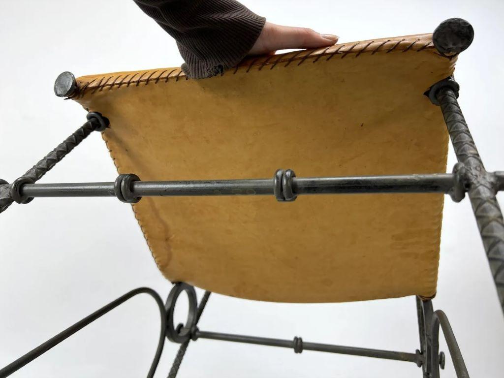 Pair of European Modernist Iron & Rebar Frame Stools in Distressed Leather For Sale 1