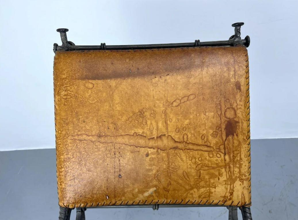 Pair of European Modernist Iron & Rebar Frame Stools in Distressed Leather For Sale 2