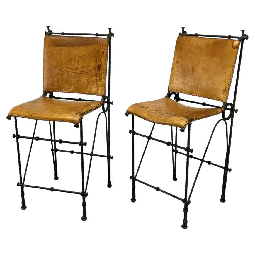 Pair of European Modernist Iron & Rebar Frame Stools in Distressed Leather For Sale
