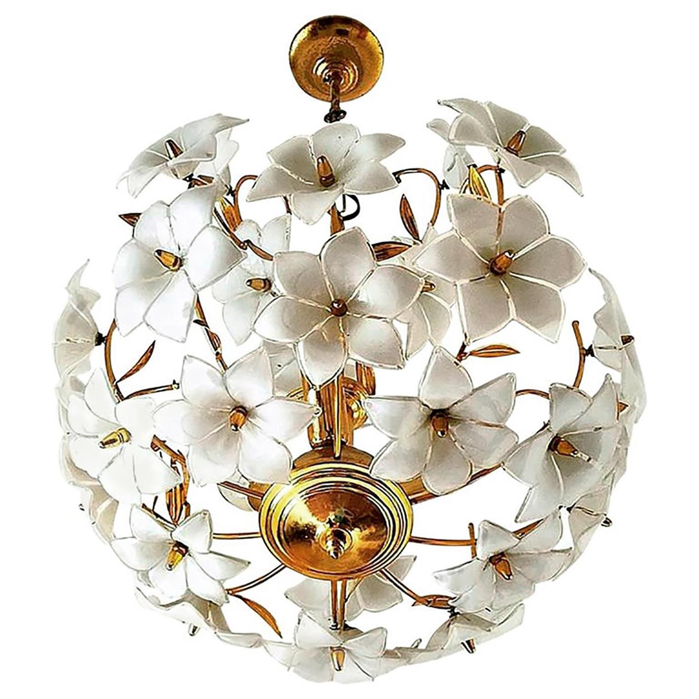 Hollywood Regency Pair of Modernist Italian Murano Venini Style Flower Glass Gilt Brass Chandelier For Sale