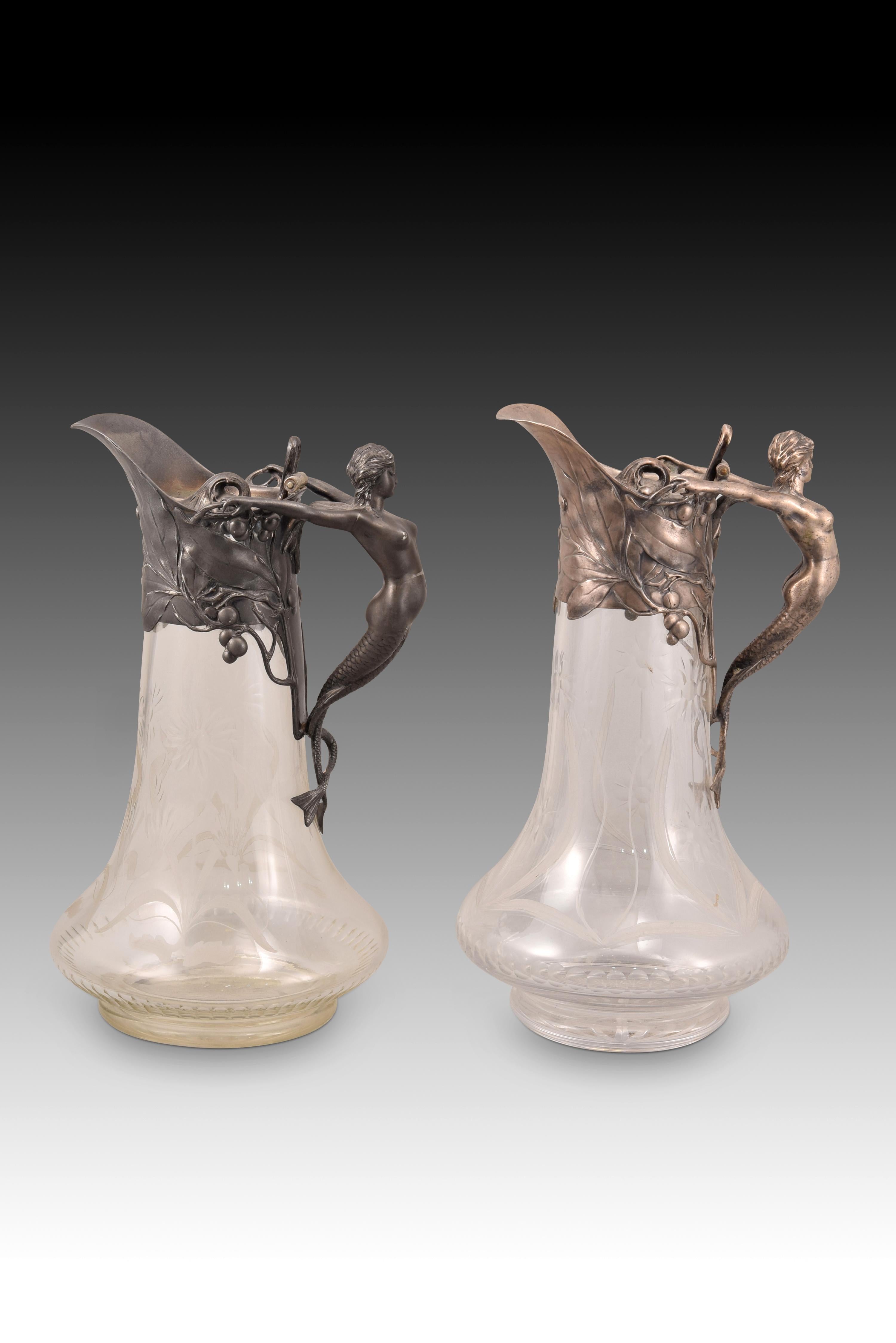 Early 20th Century Pair of Modernist Jugs, Pewter, Cut Glass, WMF, Germany, 1903