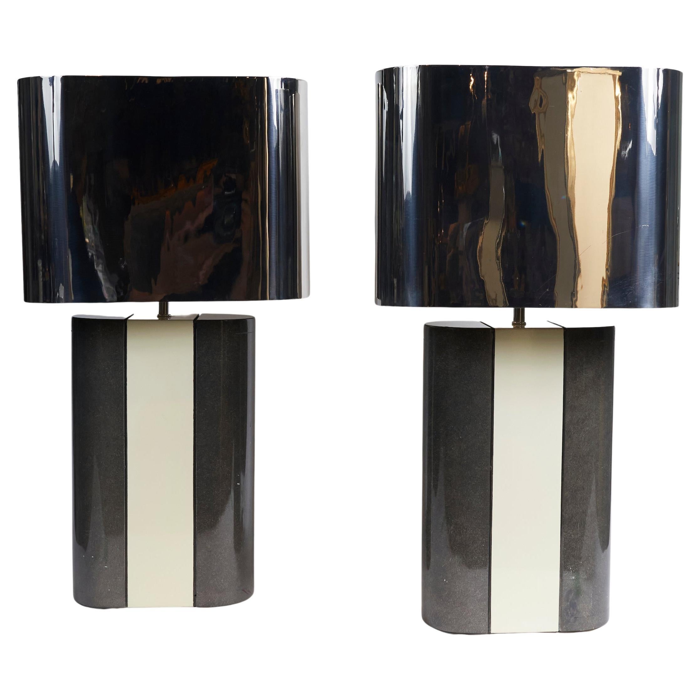 Pair of Modernist  Lacquered Grey and Beige Wood Table Lamps