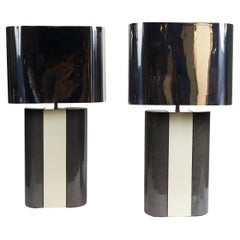 Pair of Modernist  Lacquered Grey and Beige Wood Table Lamps