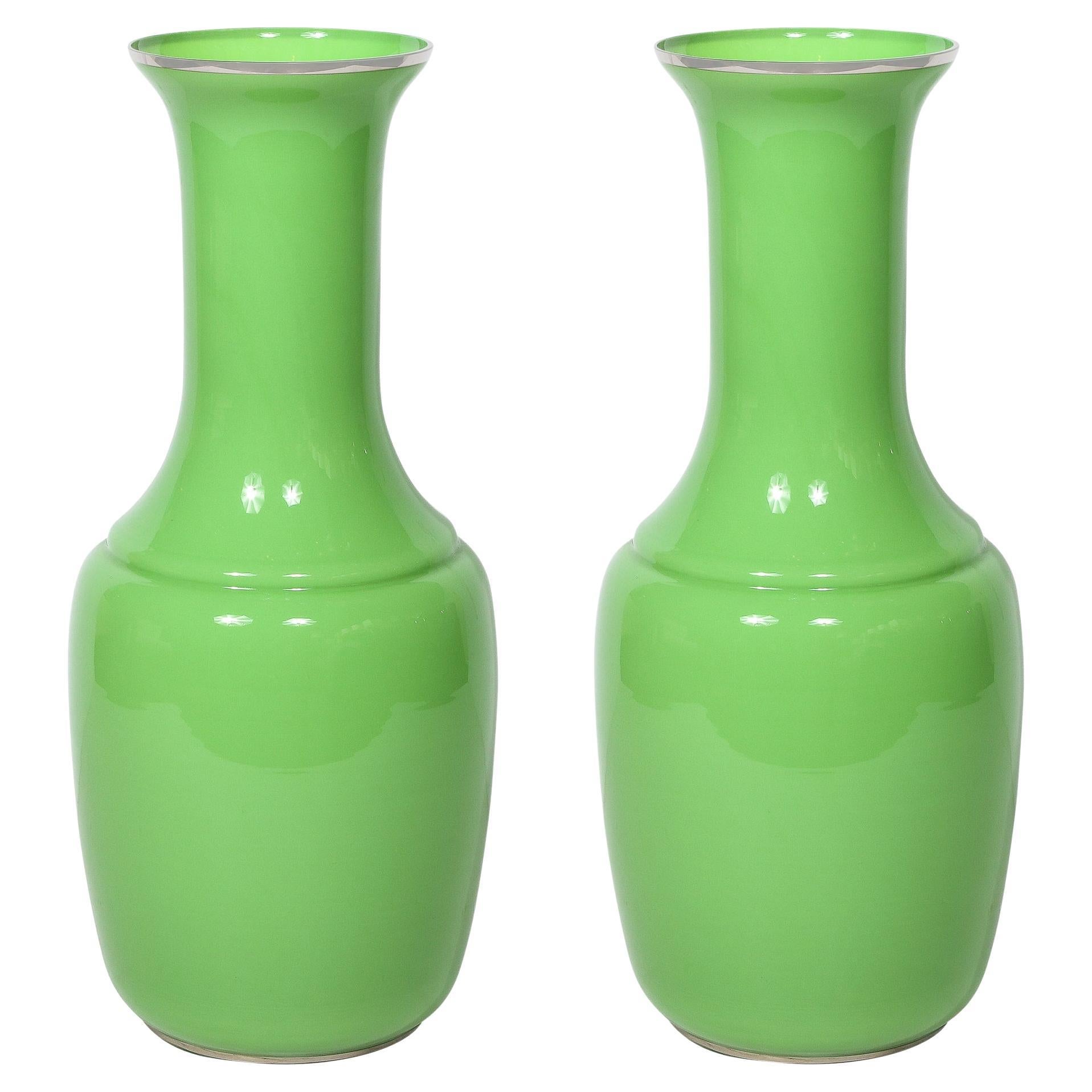 Pair of Modernist Large Urn Form Vases in Pear Green with Gold Banded Detailing  For Sale