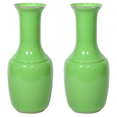 Pair of Modernist Large Urn Form Vases in Pear Green with Gold Banded Detailing 