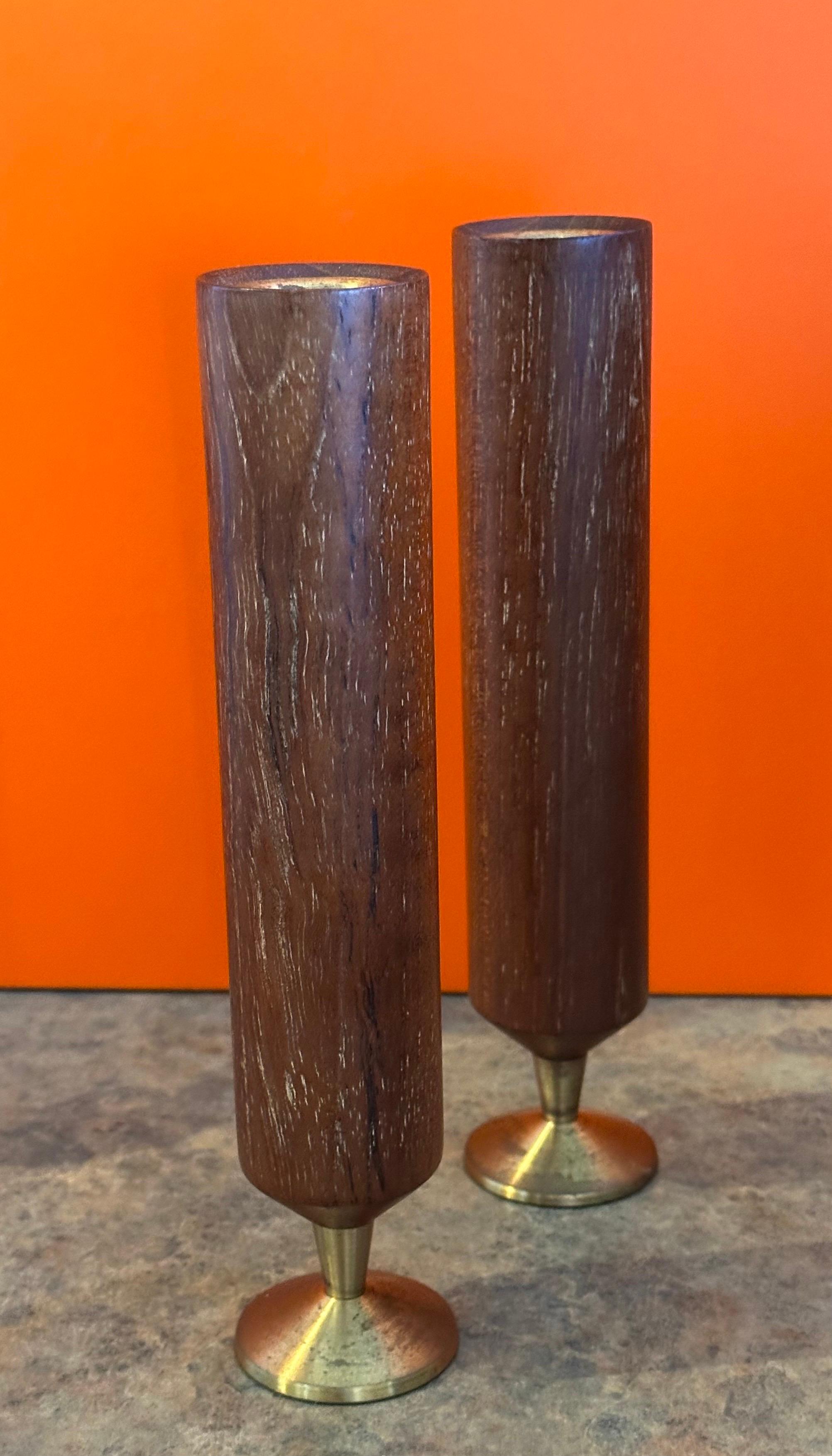 Pair of Modernist MCM Solid Teak and Brass Bud Vases For Sale 5