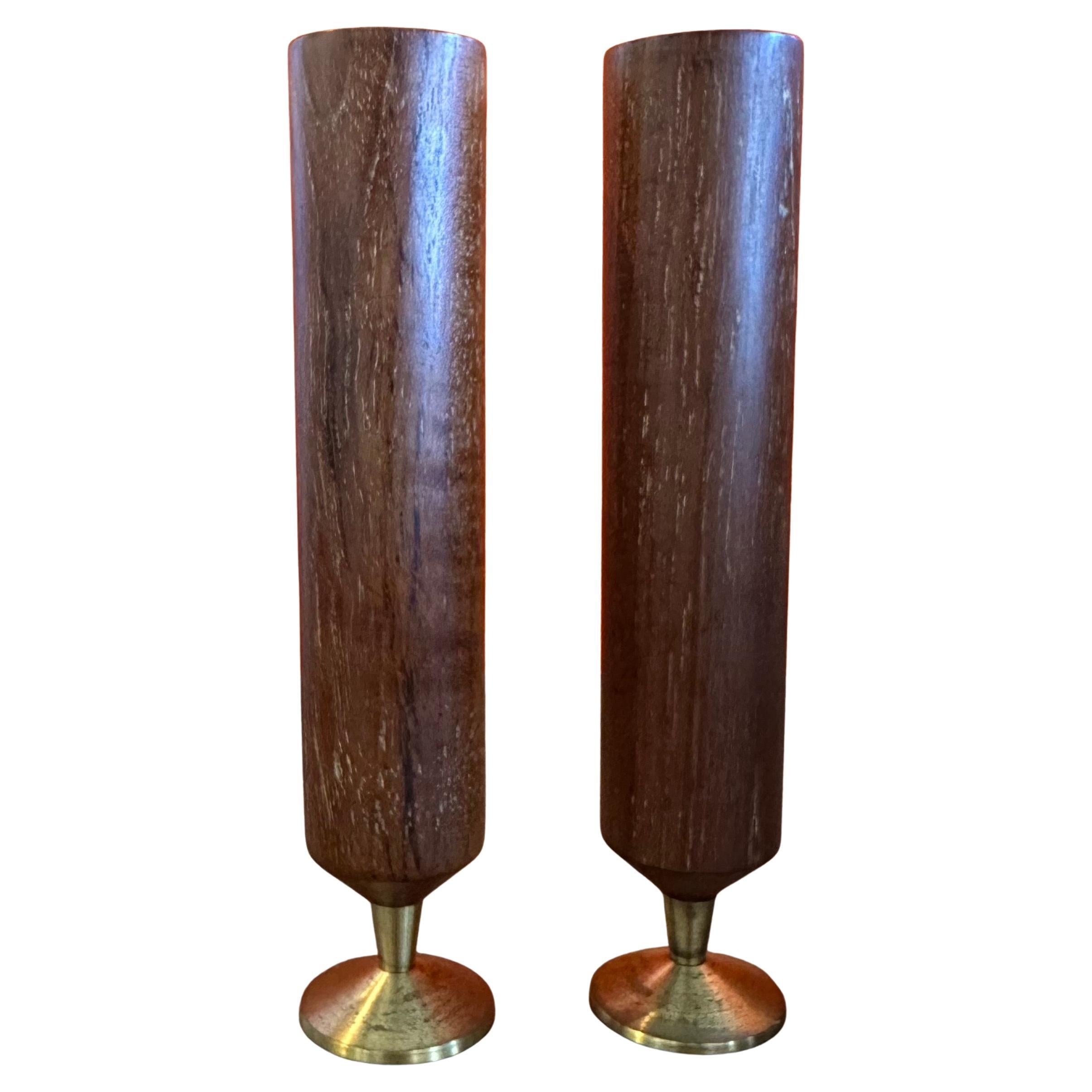 Pair of Modernist MCM Solid Teak and Brass Bud Vases For Sale 6