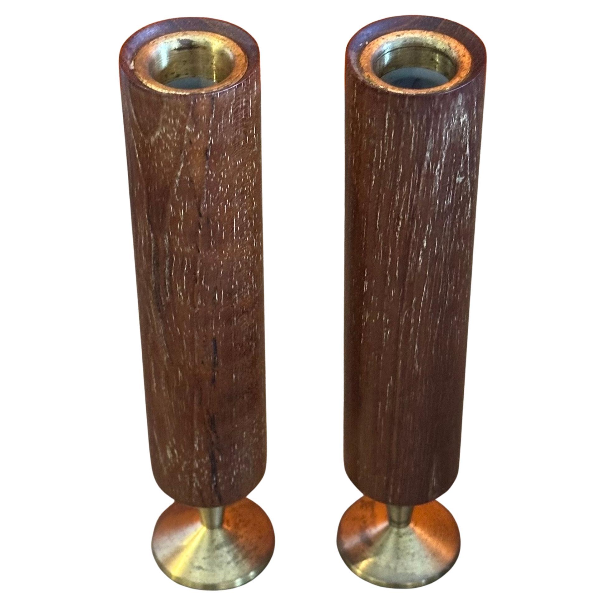 Mid-Century Modern Pair of Modernist MCM Solid Teak and Brass Bud Vases For Sale