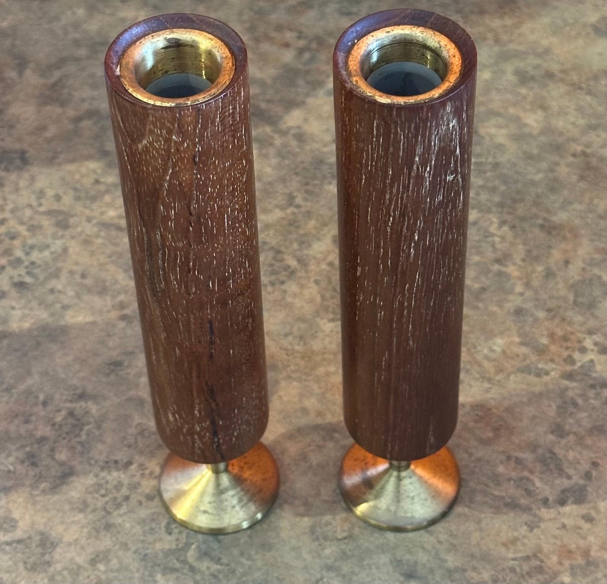 Pair of Modernist MCM Solid Teak and Brass Bud Vases For Sale 1