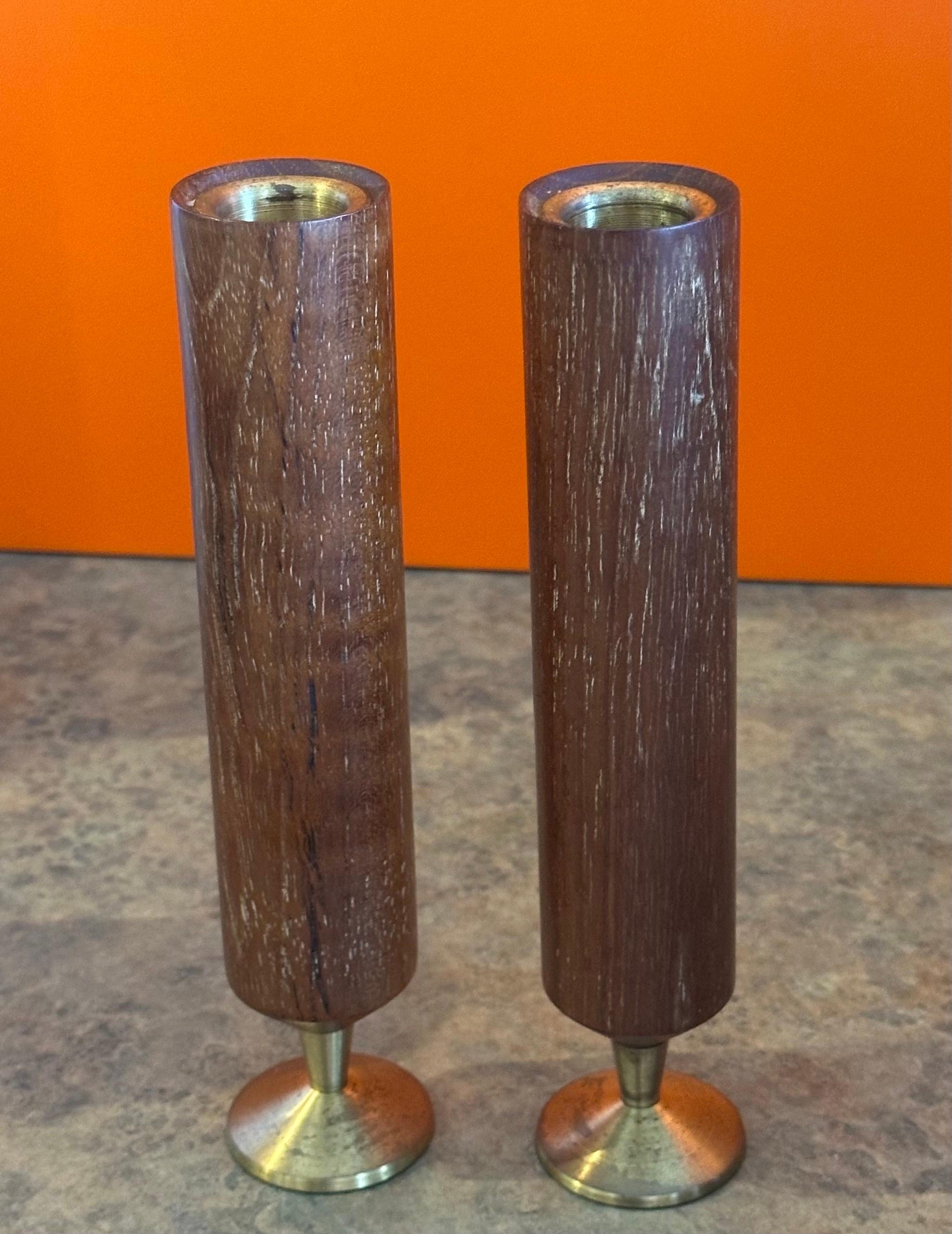 Pair of Modernist MCM Solid Teak and Brass Bud Vases For Sale 2