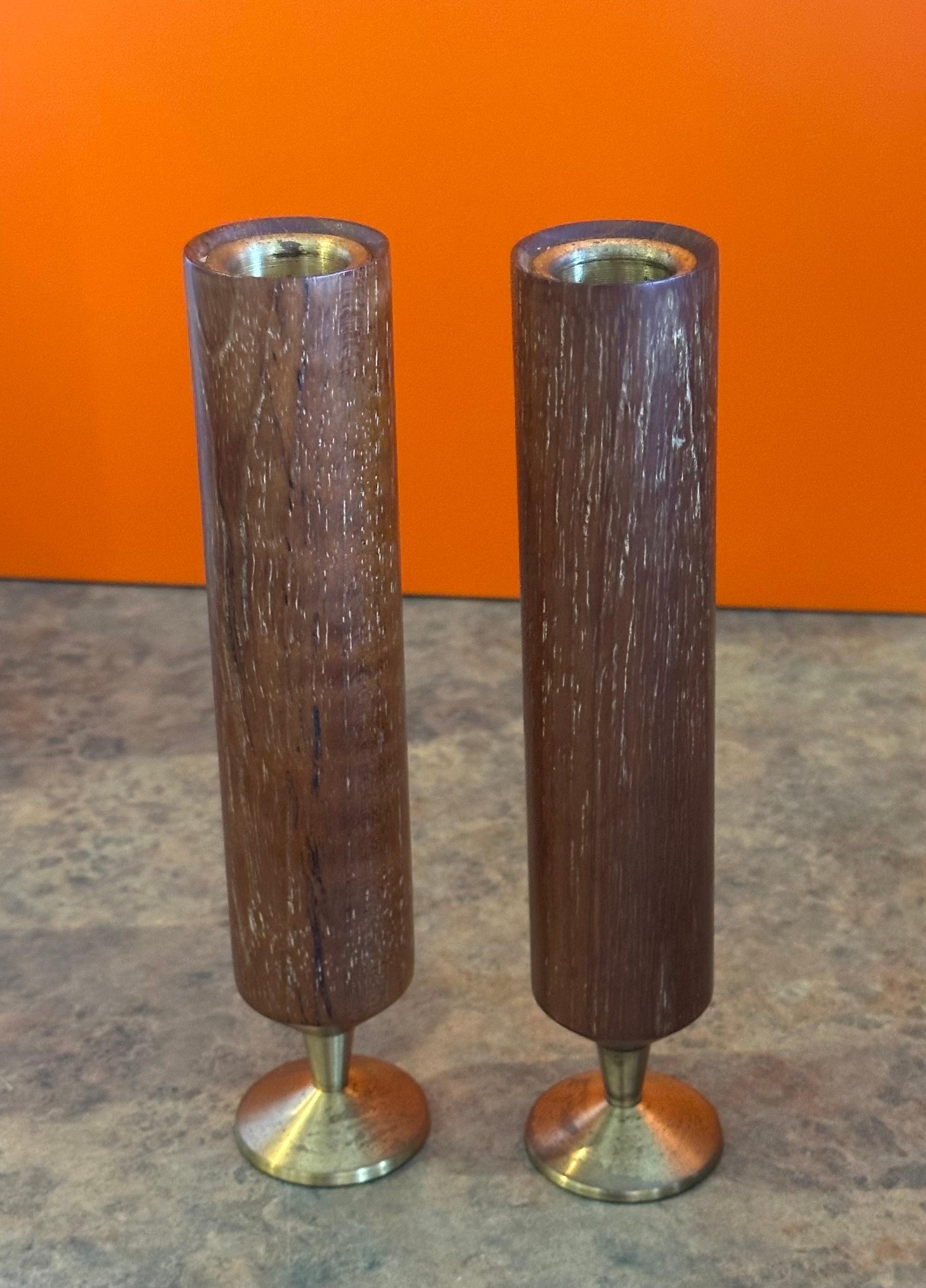Pair of Modernist MCM Solid Teak and Brass Bud Vases For Sale 3