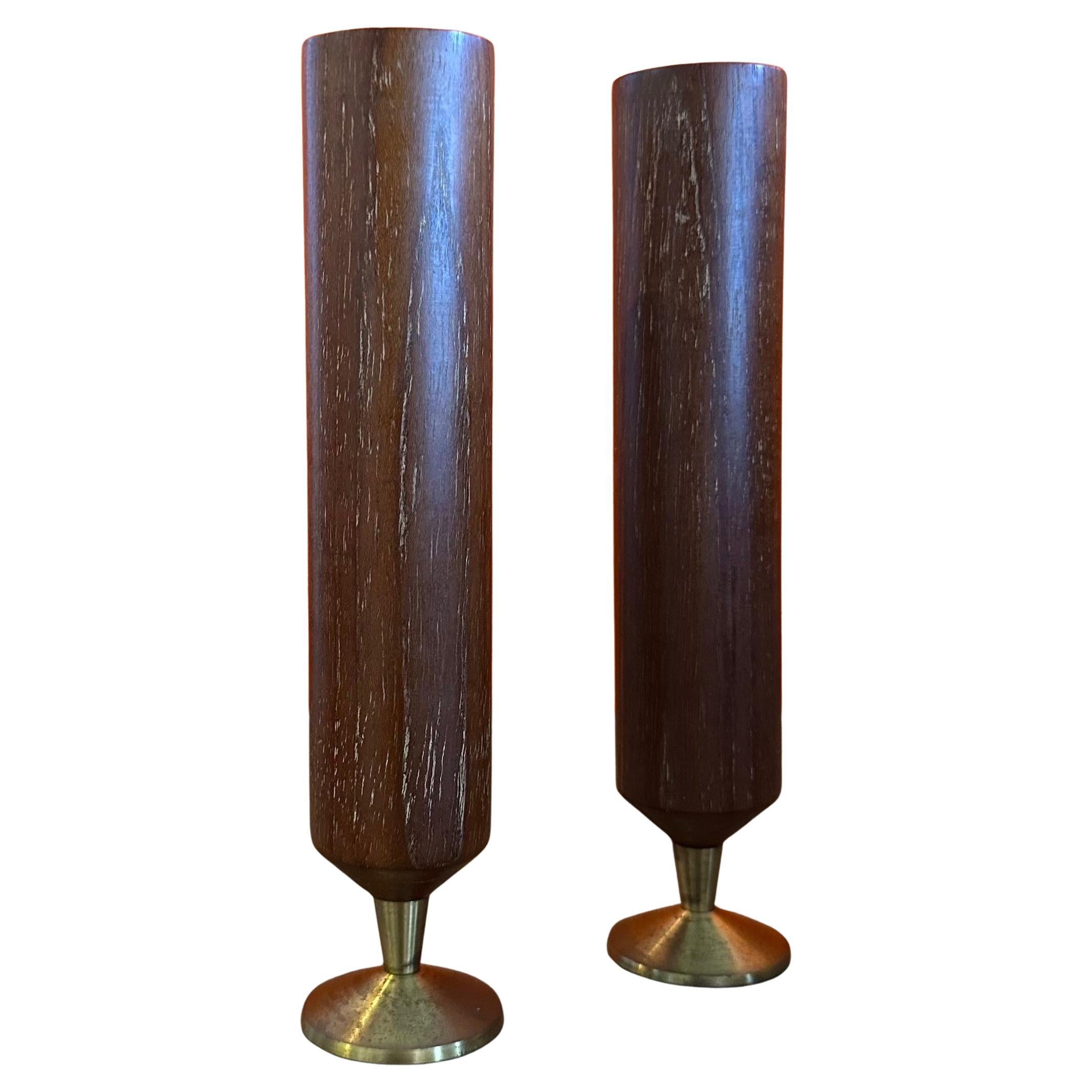 Pair of Modernist MCM Solid Teak and Brass Bud Vases