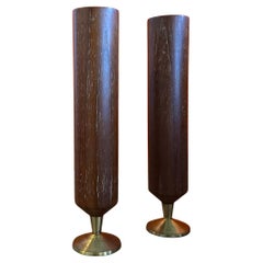 Pair of Modernist MCM Solid Teak and Brass Bud Vases