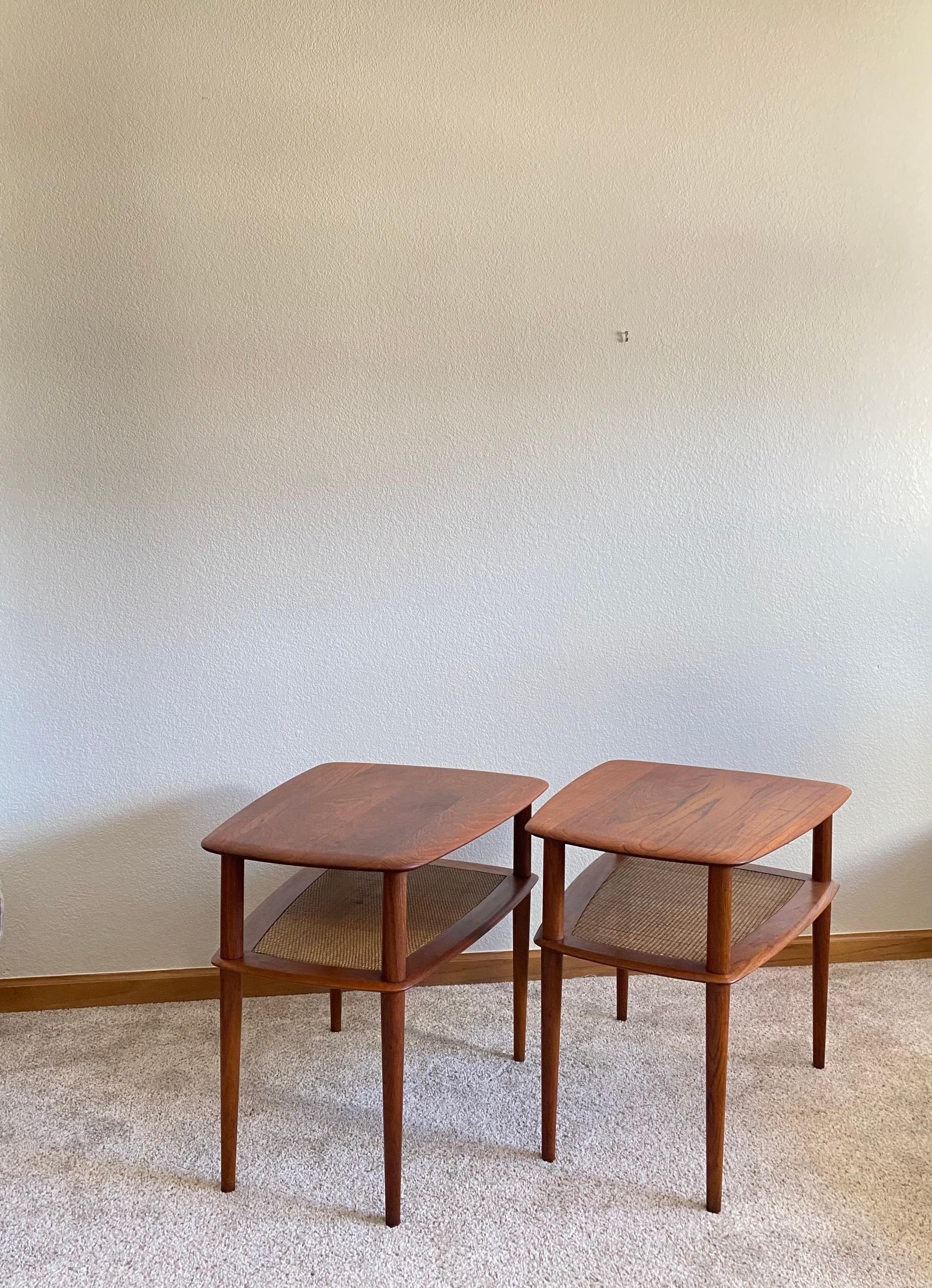 Side tables / night stands in solid teak and caned 2nd tier. Designed by Peter Hvidt and Orla Mølgaard for France & Son in the 1960s, and made in Denmark. Great original condition with lightly refreshed surfaces and original caning. One table
