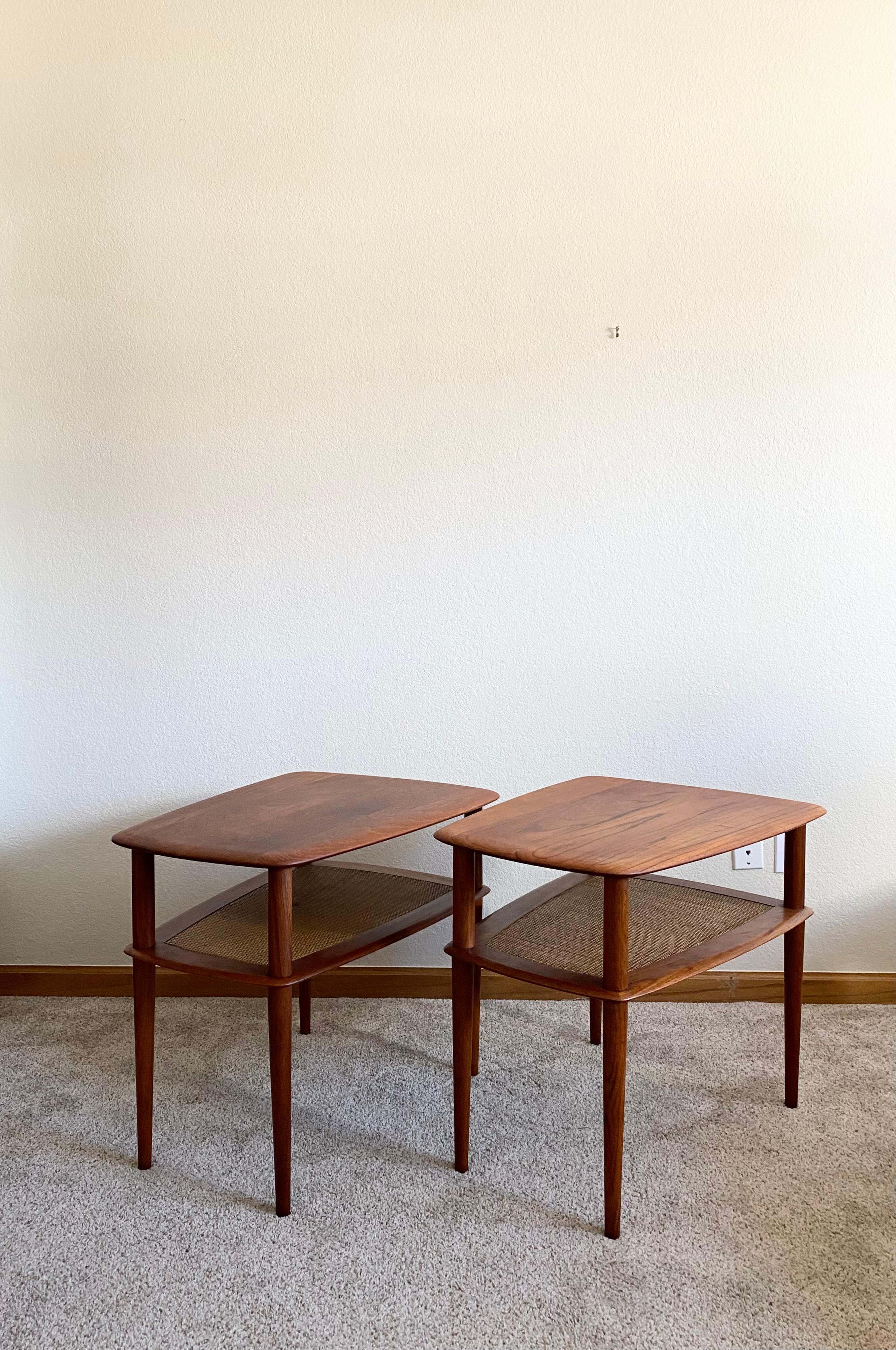 Pair of Modernist Minimalist Peter Hvidt + Orla Mølgaard Teak Caned Side Tables In Good Condition For Sale In Fort Collins, CO