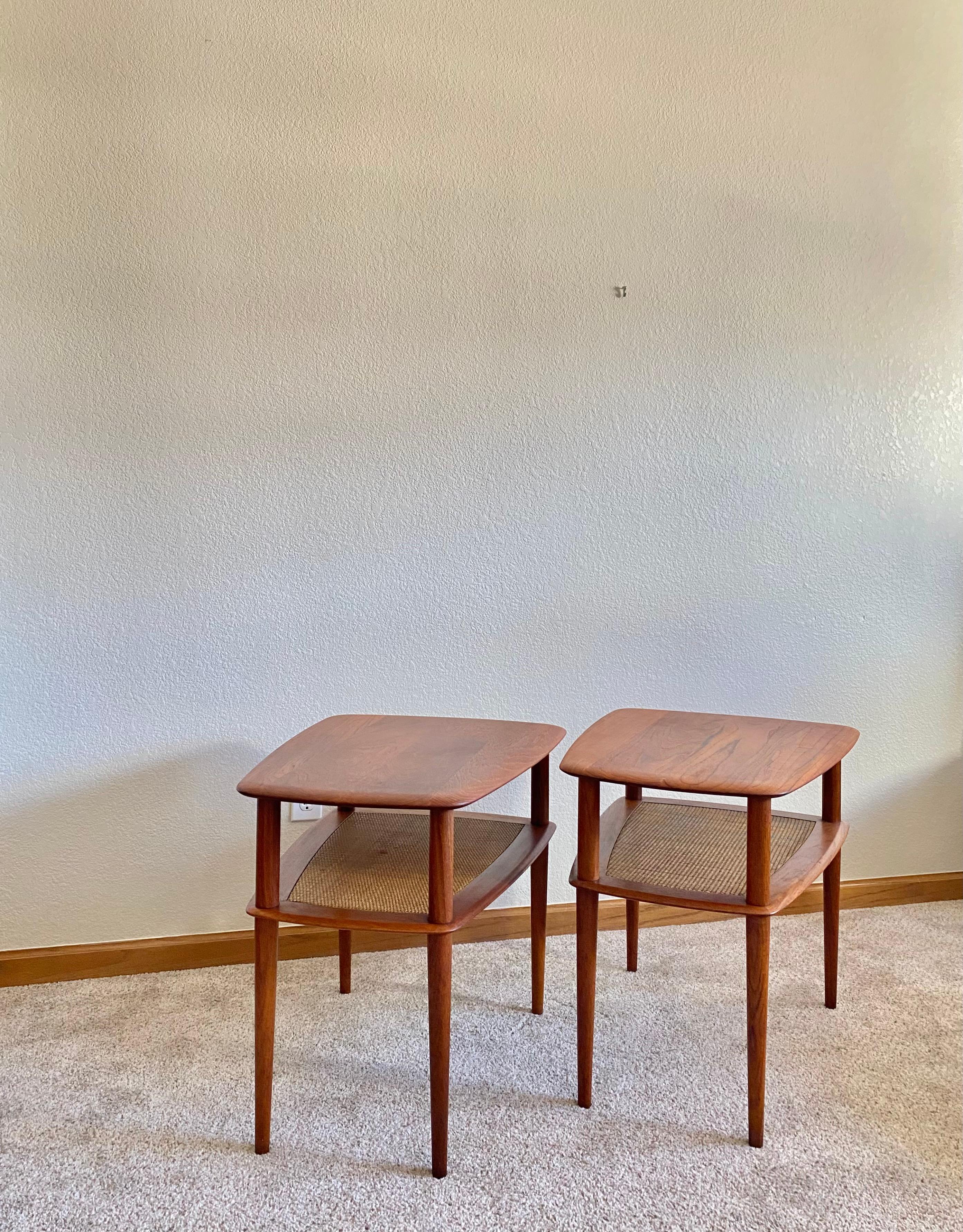 Pair of Modernist Minimalist Peter Hvidt + Orla Mølgaard Teak Caned Side Tables For Sale 1