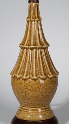 Pair of Organic Modern Mocha Brown Ceramic and Wood Table Lamps