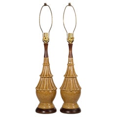 Pair of Modernist Mocha Brown Ceramic and Wood Table Lamps