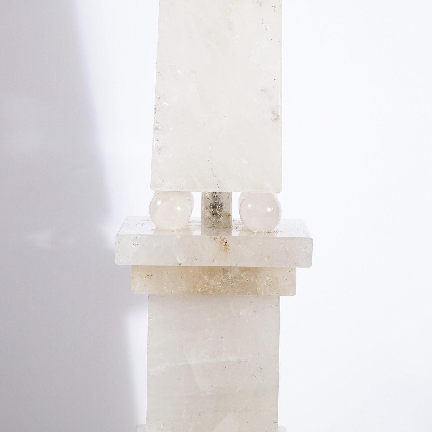 Brazilian Pair of Modernist Monumental Faceted Hand Carved Rock Crystal Obelisks For Sale