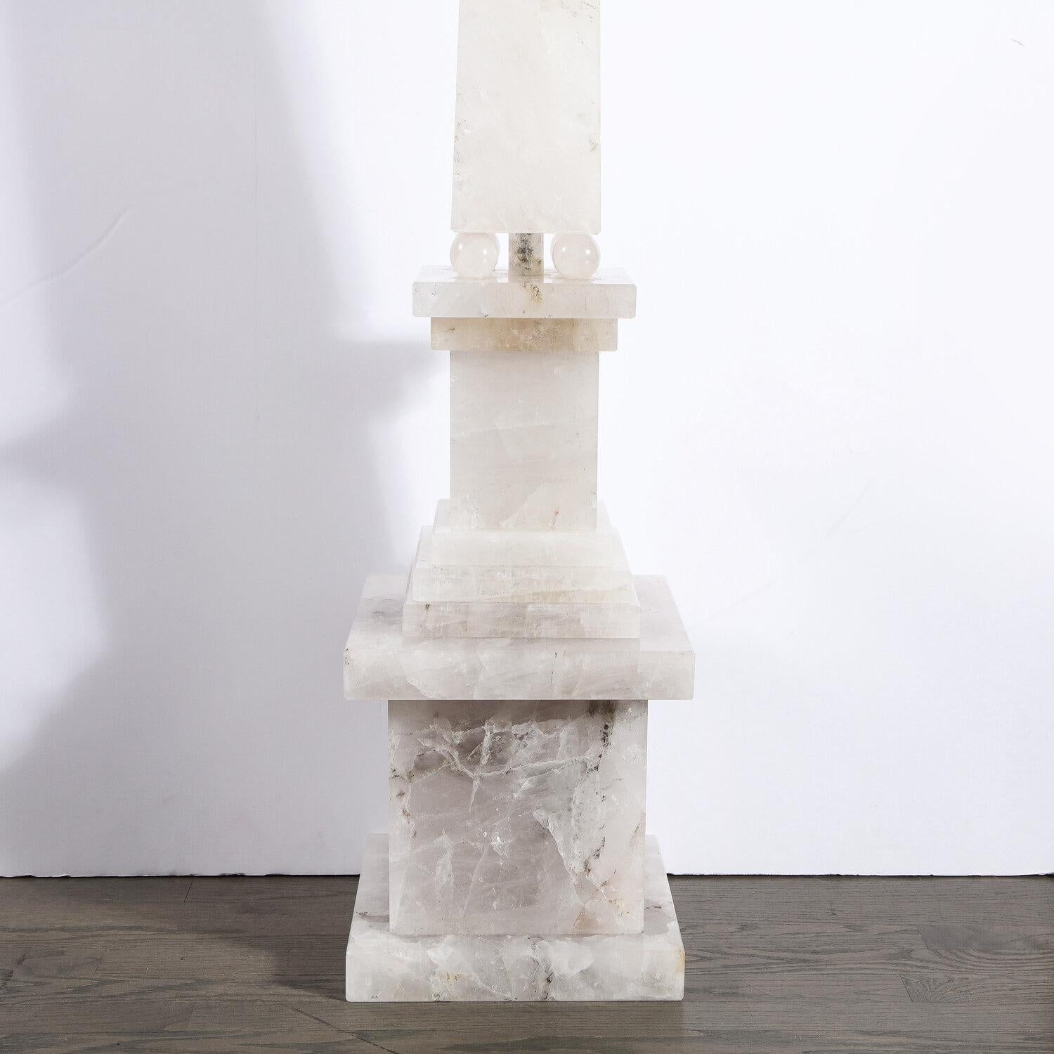 Pair of Modernist Monumental Faceted Hand Carved Rock Crystal Obelisks In Excellent Condition For Sale In New York, NY