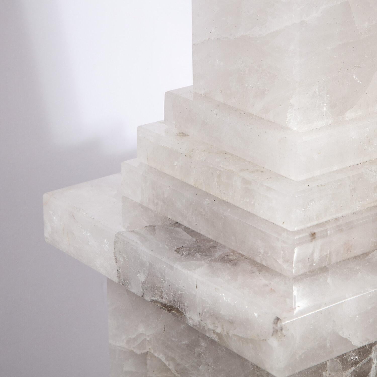 Pair of Modernist Monumental Faceted Hand Carved Rock Crystal Obelisks For Sale 4