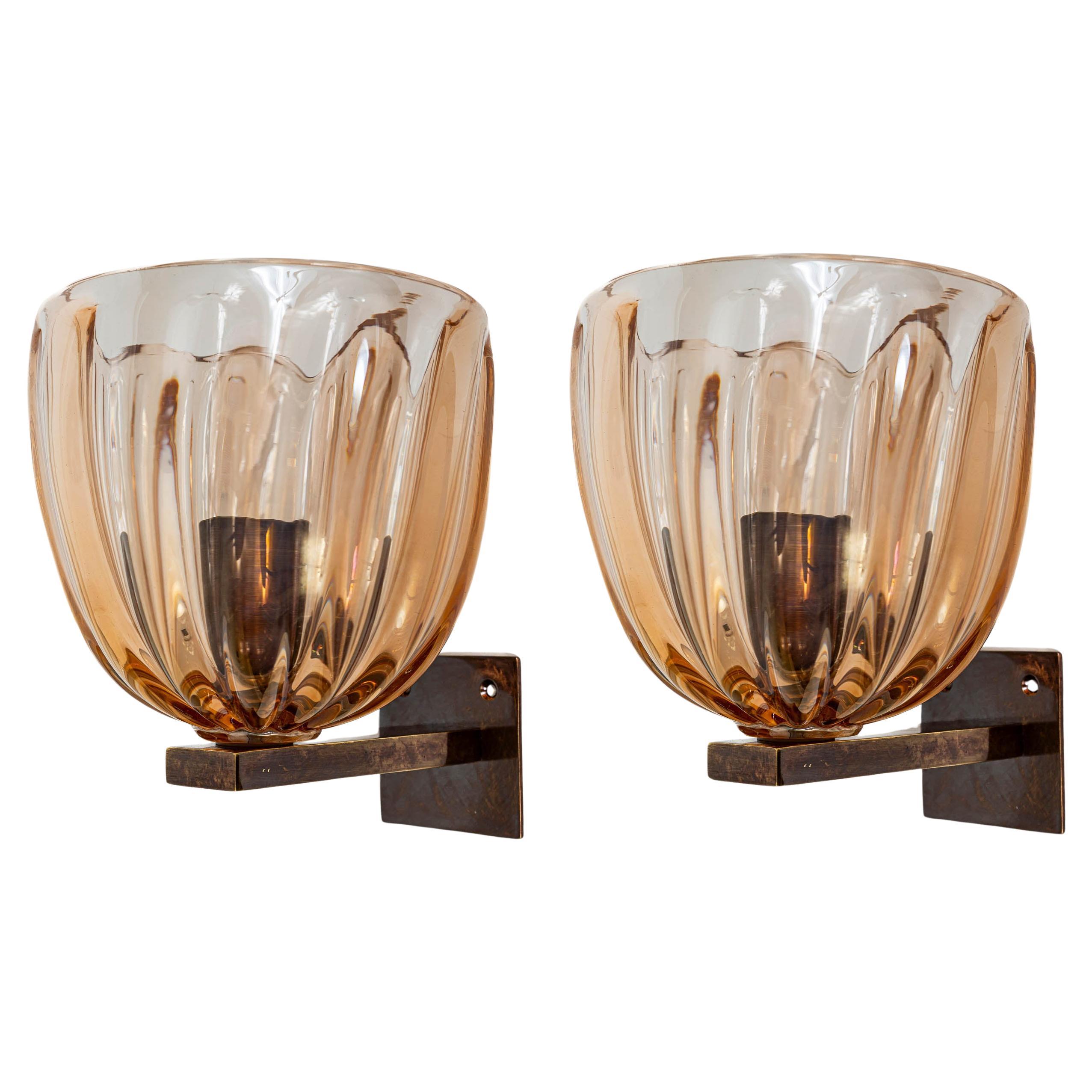 Pair of Modernist Murano Blown Blush Glass Wall Lights, UL Certified