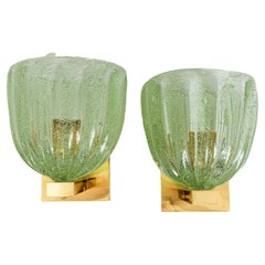 Pair of Modernist Murano Blown Lime Glass Wall Lights, UL Certified