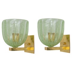 Pair of Modernist Murano Blown Lime Glass Wall Lights, UL Certified