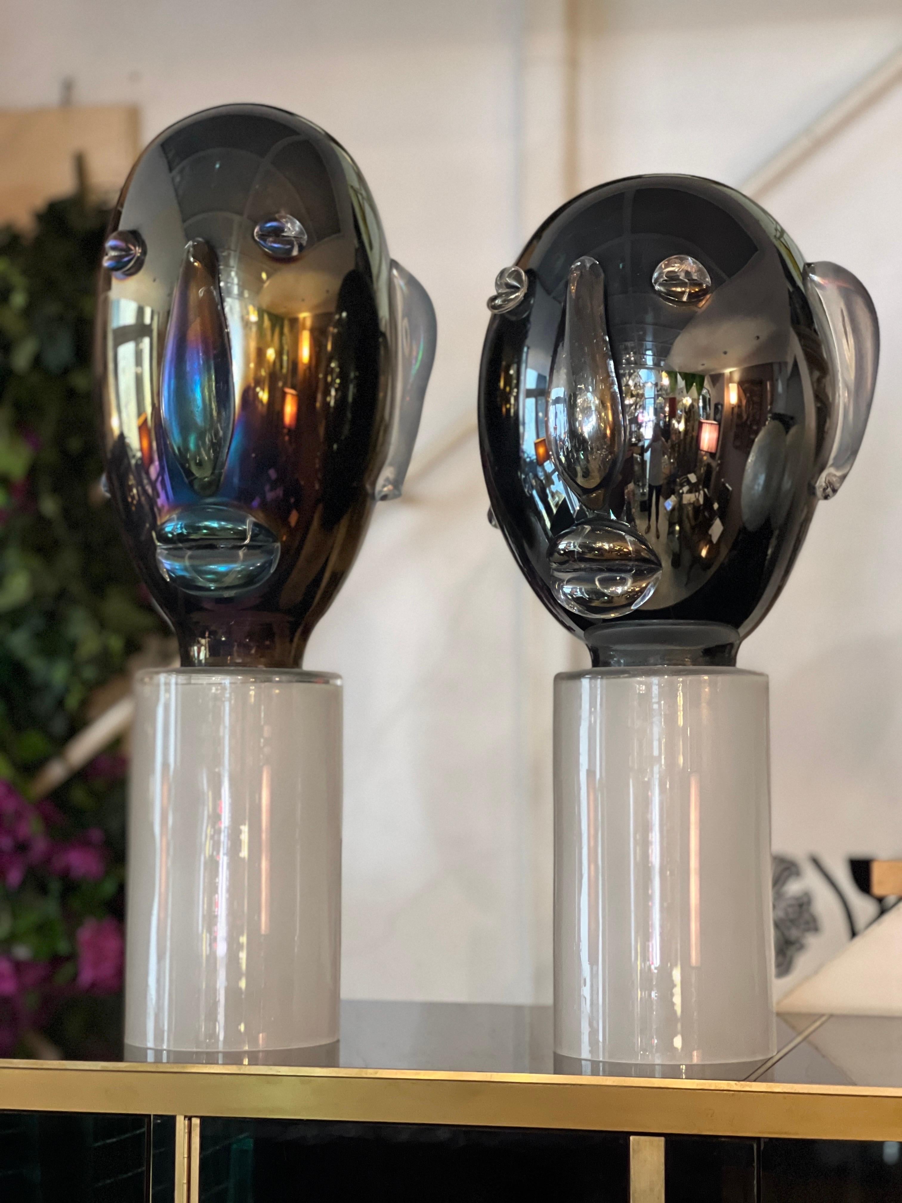 Mid-Century Modern Pair of Modernist Murano Glass Sculptures Head Shaped Picasso Style, 1980