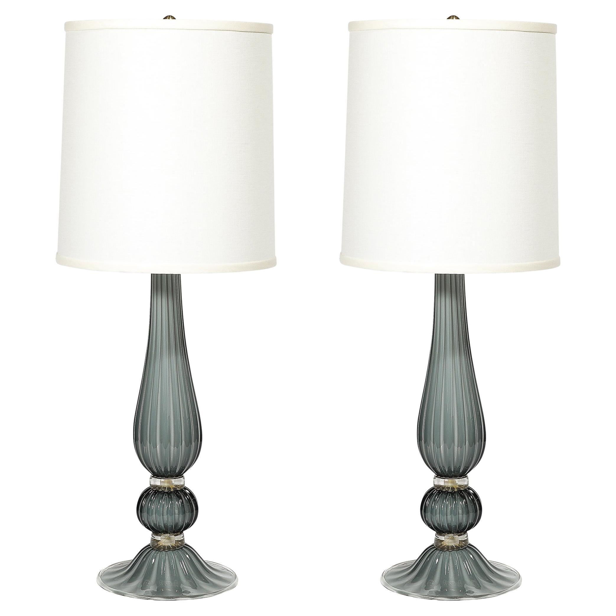 Pair of Modernist Murano Glass Table Lamps in Flint Gray W/24K Gold Flecks