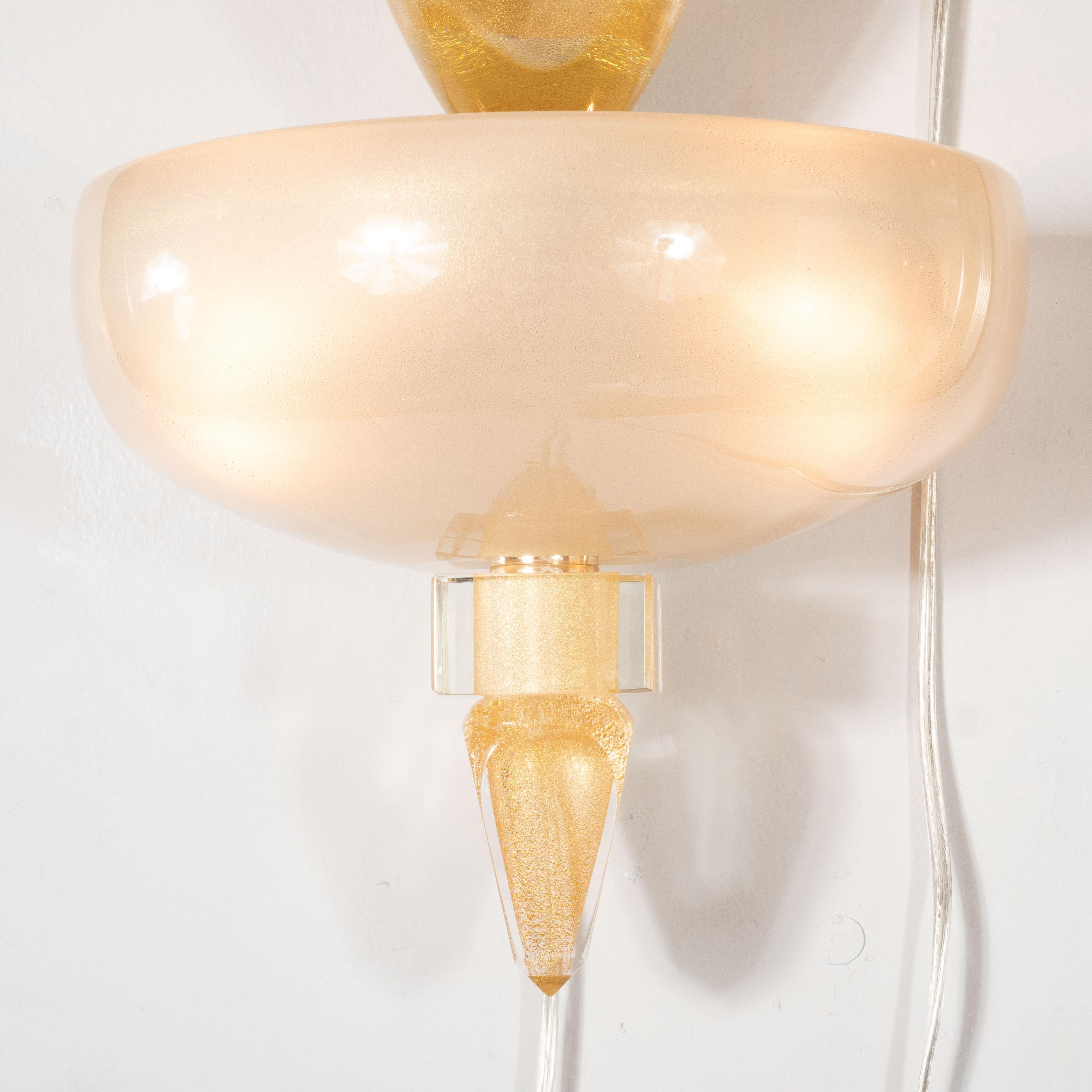 Italian Pair of Modernist Murano Obelisk Sconces in Pearlescent Glass with 24-Karat Gold For Sale