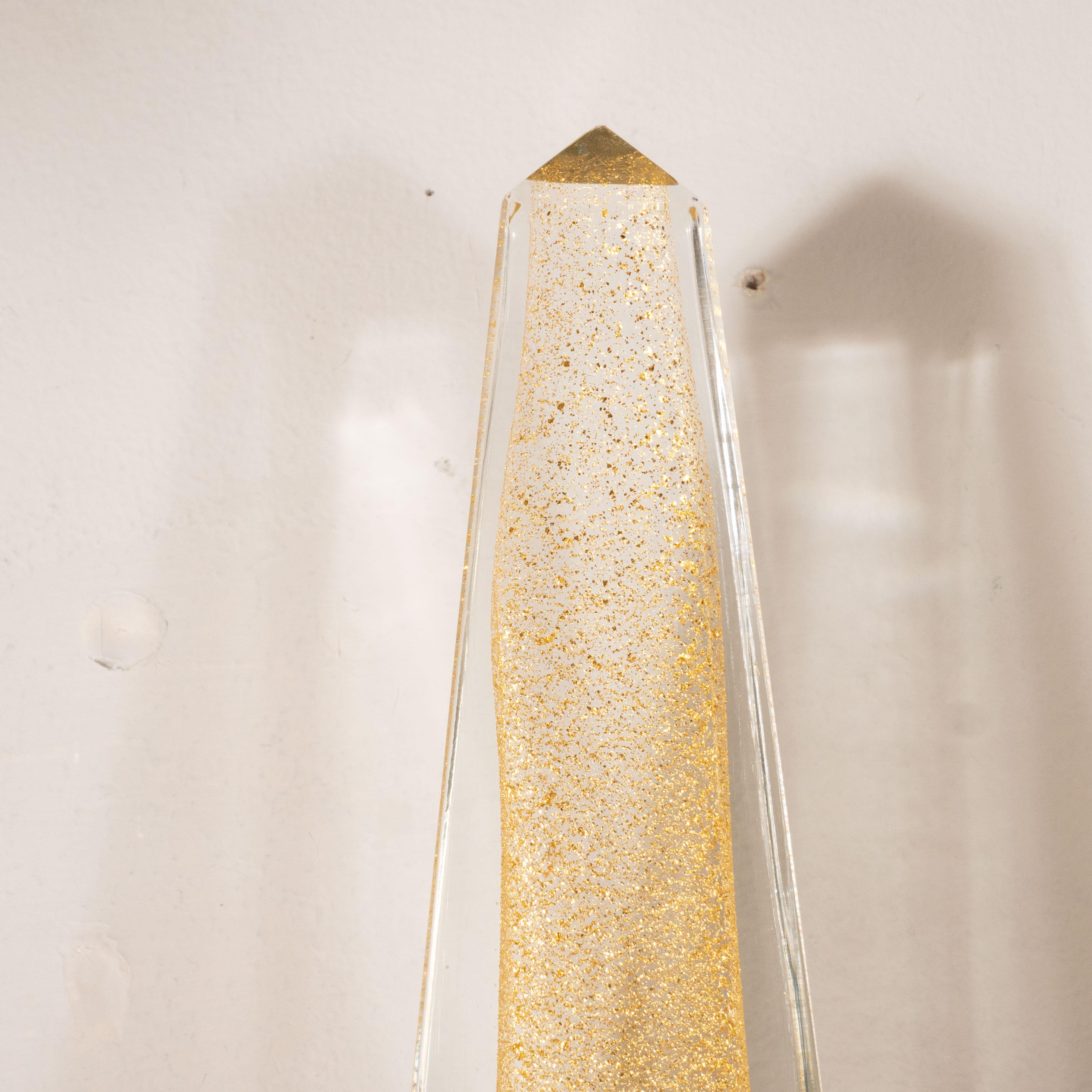 Brass Pair of Modernist Murano Obelisk Sconces in Pearlescent Glass with 24-Karat Gold