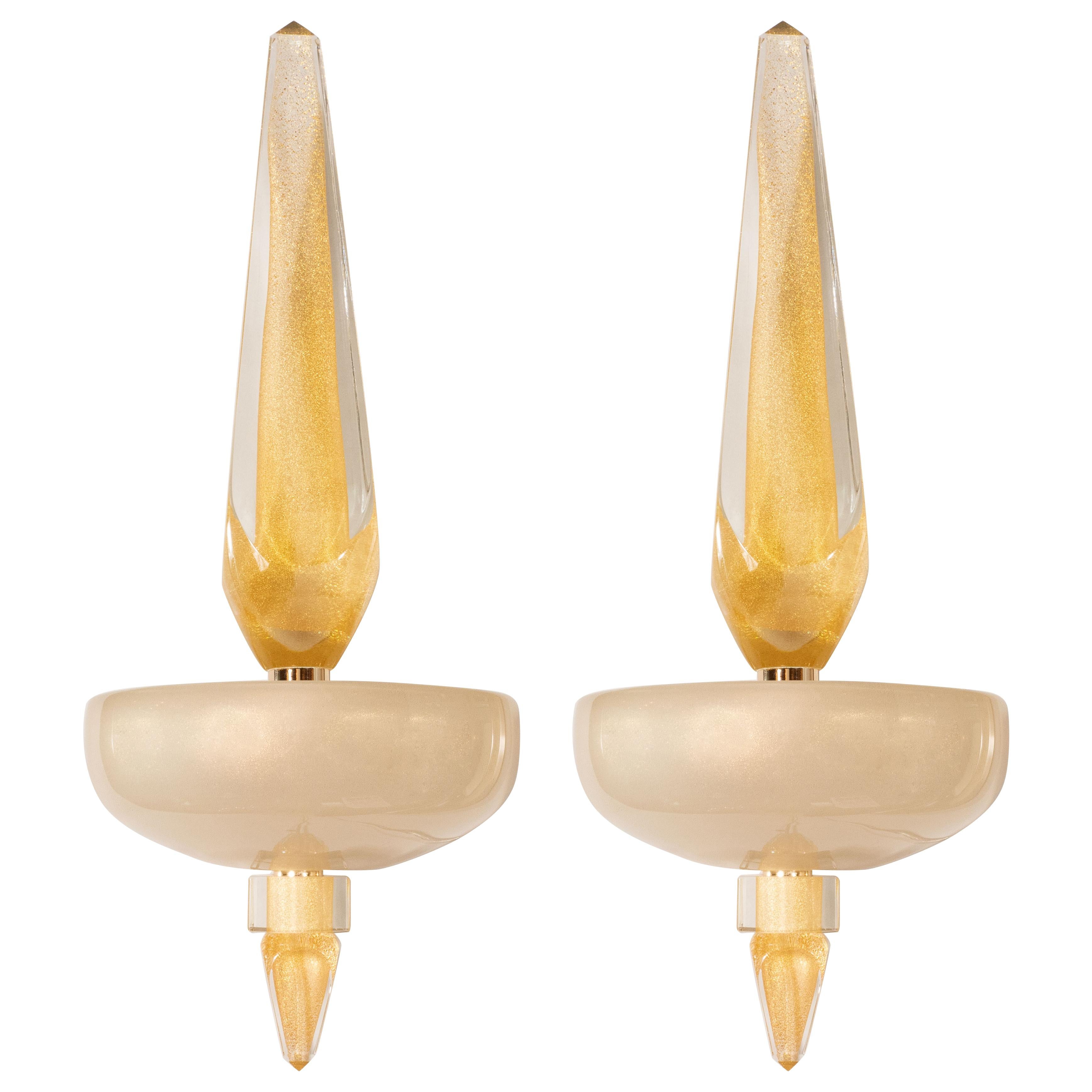 Paire d'appliques obélisques modernistes de Murano en verre perlé et or 24 carats