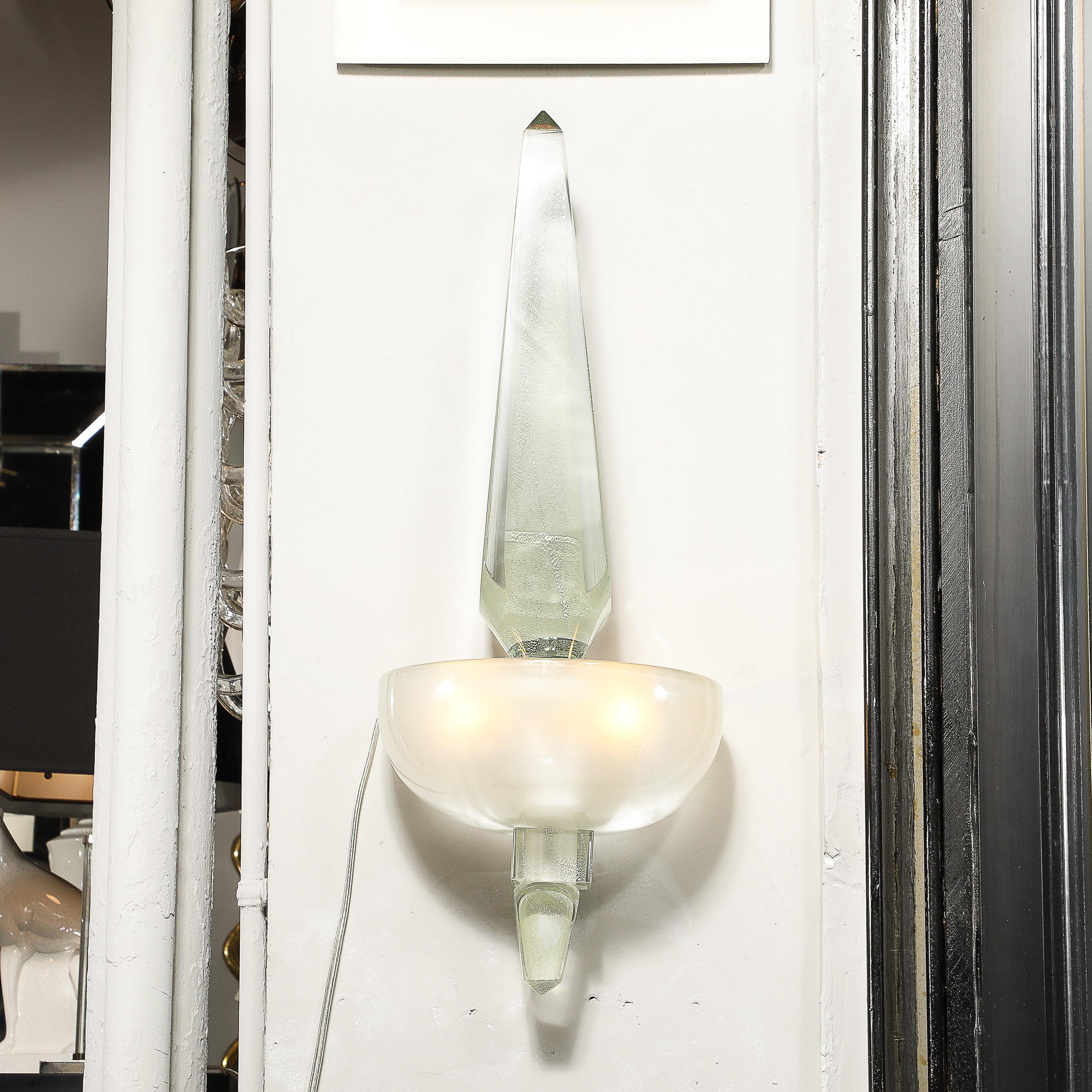 Moderne Paire d'appliques obélisques modernistes de Murano en verre perlé avec or blanc 24 carats en vente