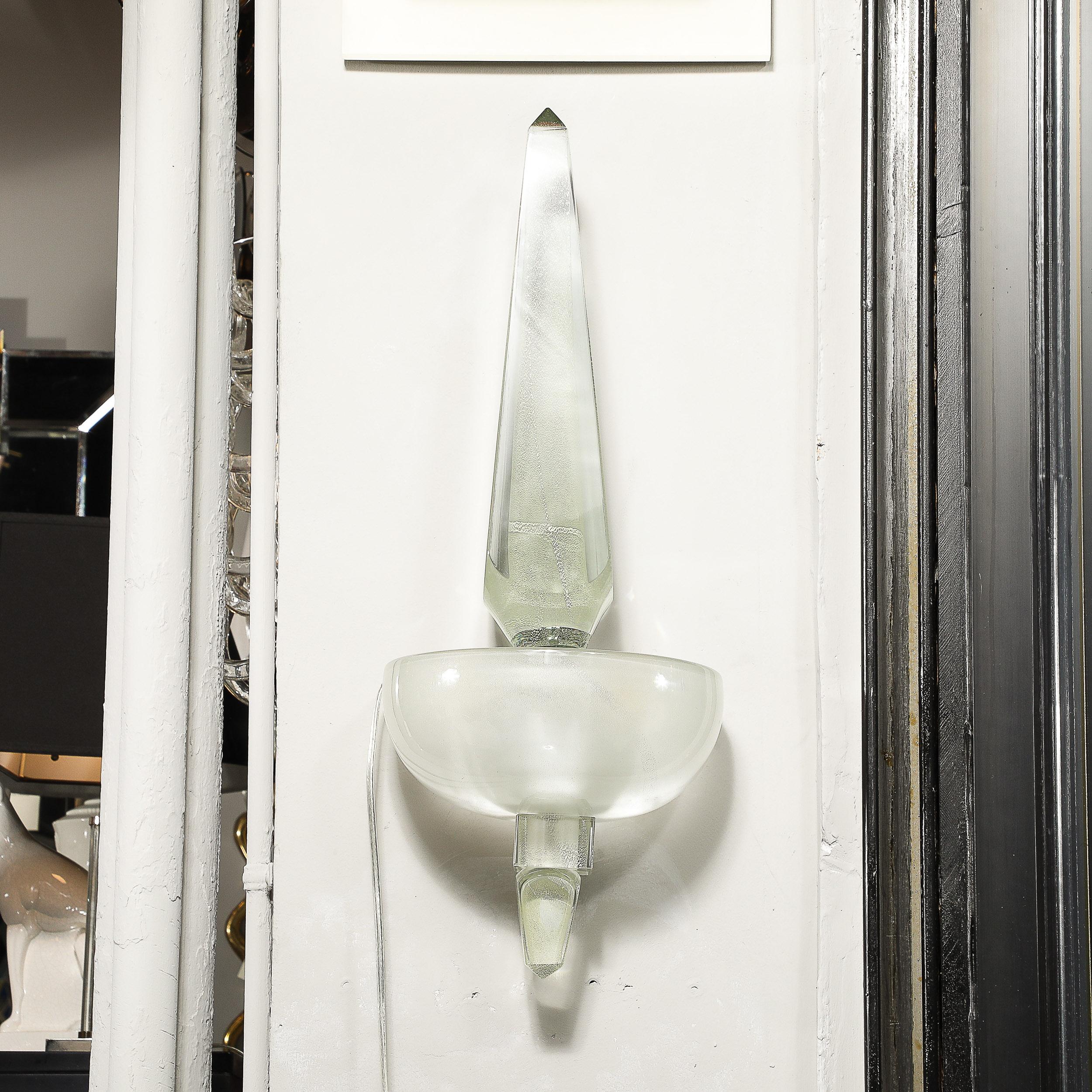 Or Paire d'appliques obélisques modernistes de Murano en verre perlé avec or blanc 24 carats en vente
