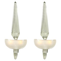 Pair of Modernist Murano Pearlescent Glass w/ 24K White Gold Obelisk Sconces