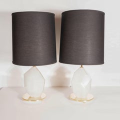 Pair of Modernist Murano White Faceted Glass Table Lamps with Brass Fittings