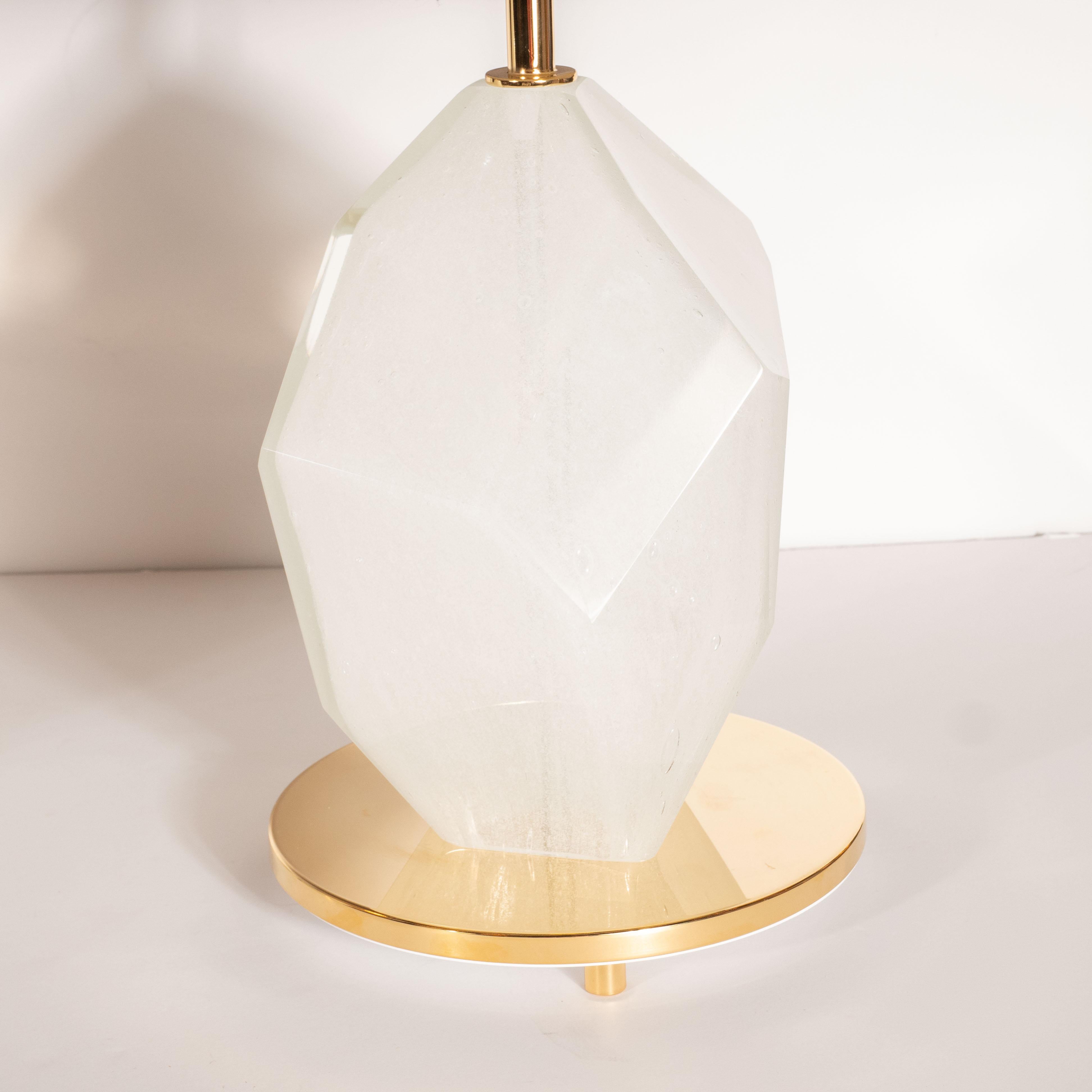 Italian Pair of Modernist Murano White Faceted Glass Table Lamps with Brass Fittings For Sale