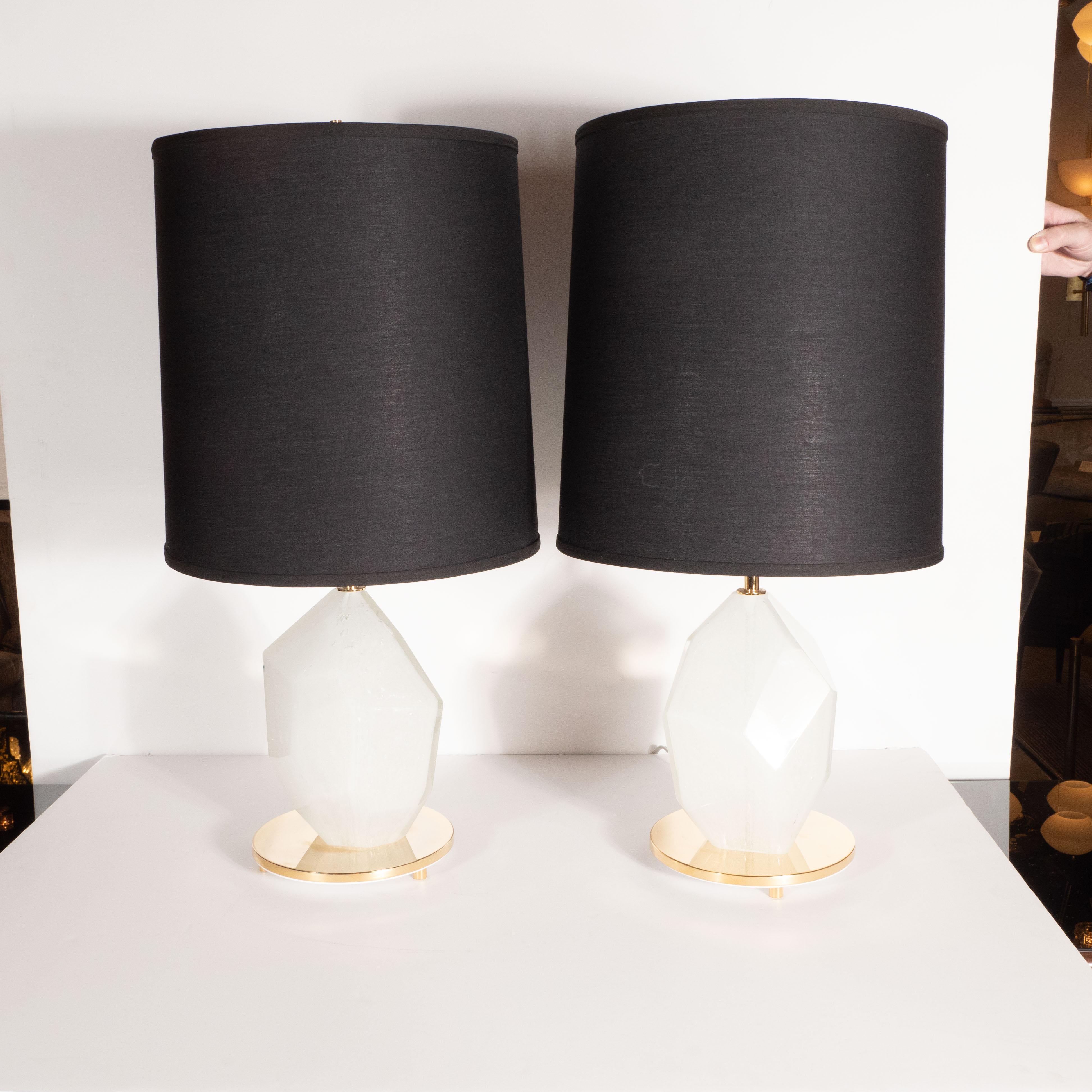 Contemporary Pair of Modernist Murano White Faceted Glass Table Lamps with Brass Fittings For Sale
