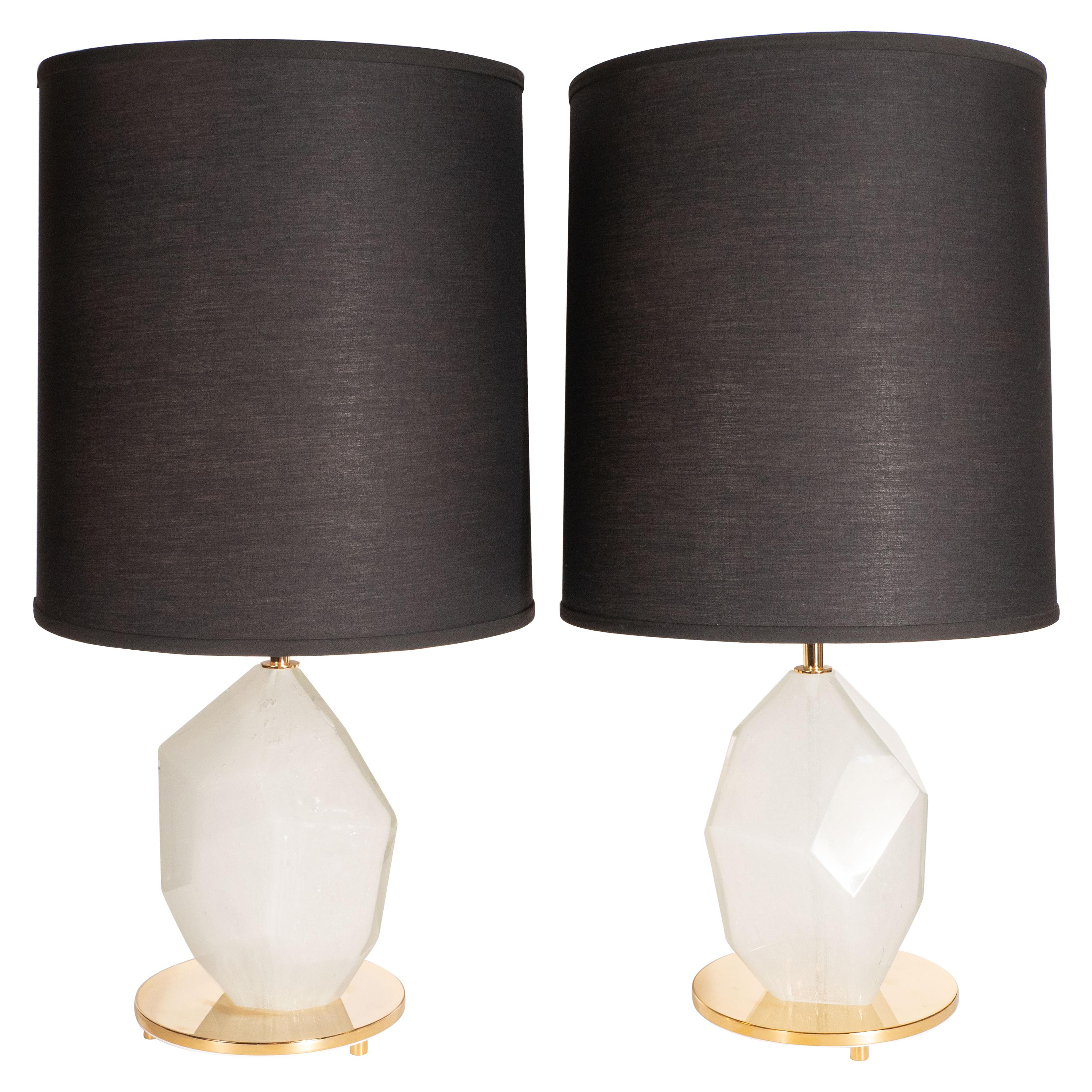 Pair of Modernist Murano White Faceted Glass Table Lamps with Brass Fittings