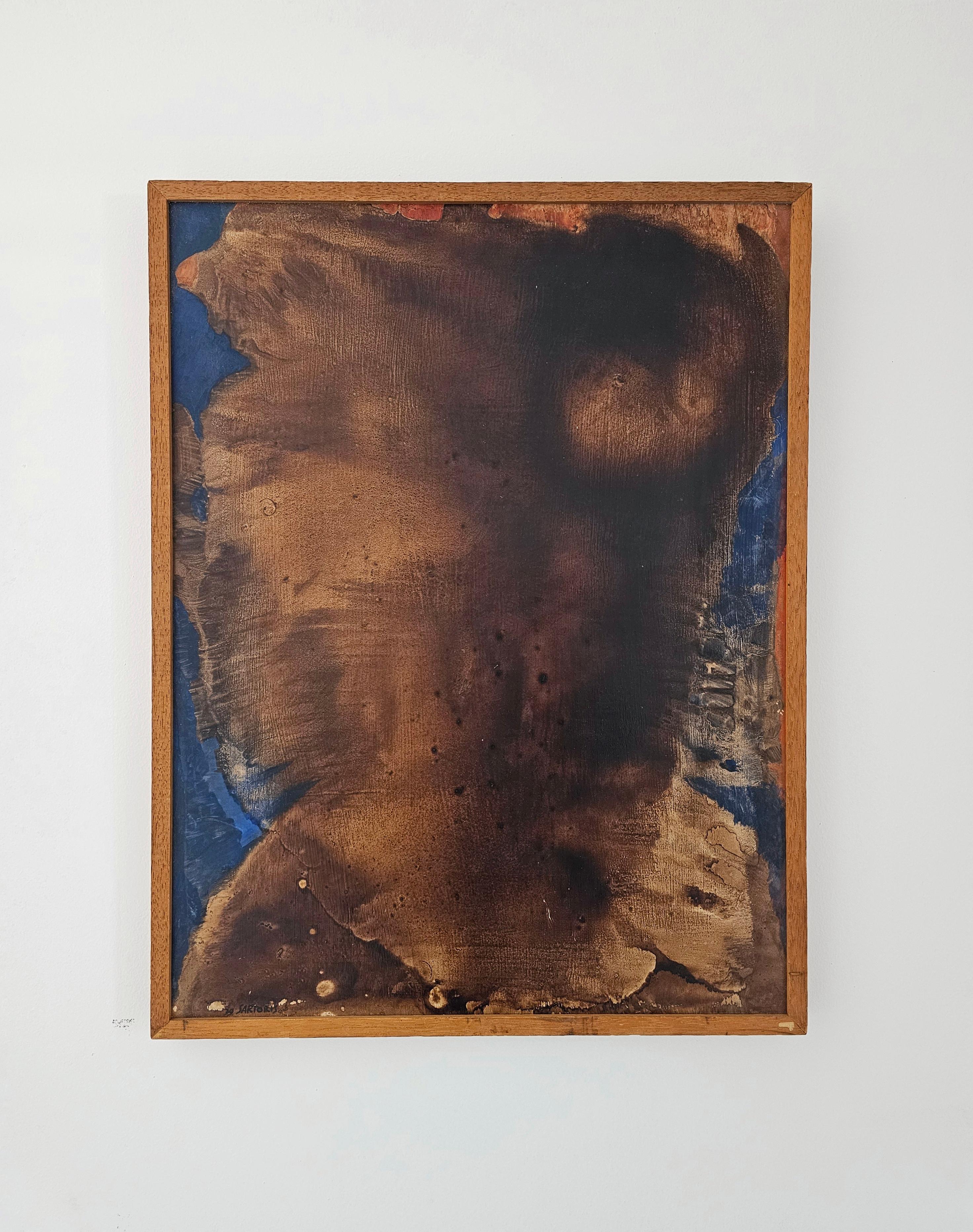 In this listing you will find a pair of oil paintings painted by Italian artist Alberto Sartoris in 1979. Paintings depict male nude torso, from the back and front. The paintings are highly decorative, as the artist is using bronze/brown and blue