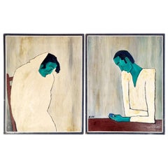Coppia di quadri modernisti, dipinti originali olio su legno, Zorzenon Italia 57'