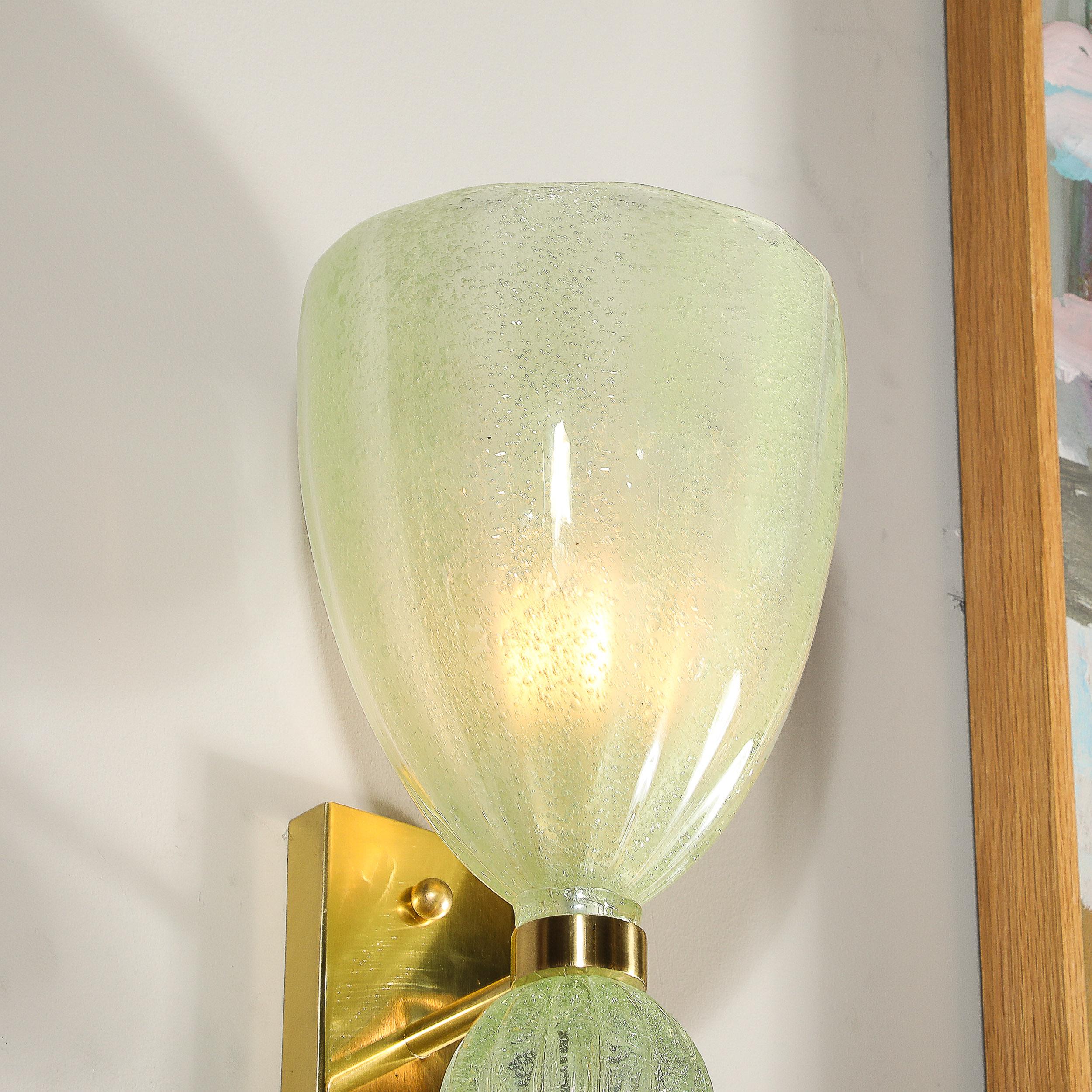 Pair of Modernist Pale Jade Hand-blown Murano Glass Sconces W/ Brass Fitting For Sale 5