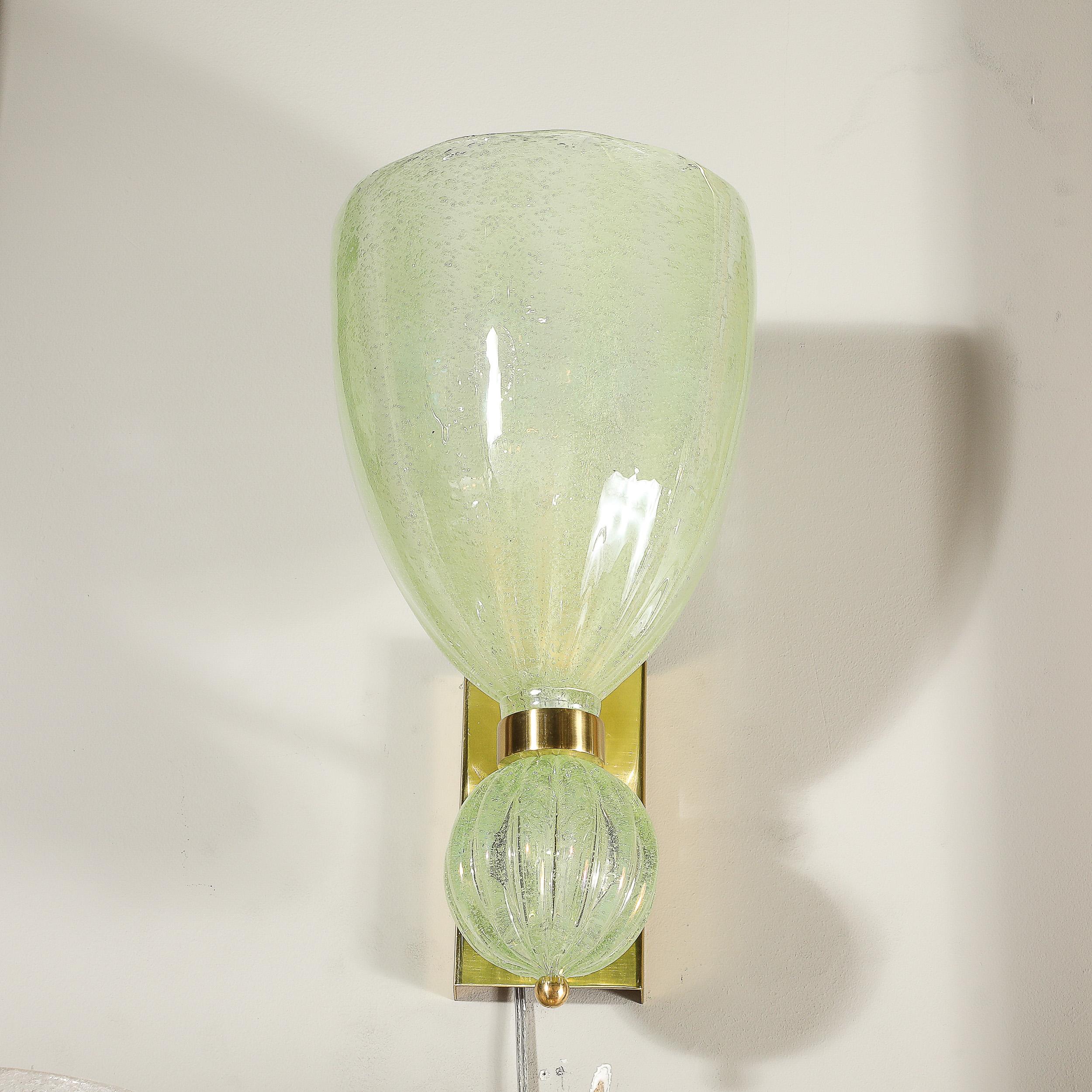 Pair of Modernist Pale Jade Hand-blown Murano Glass Sconces W/ Brass Fitting For Sale 6