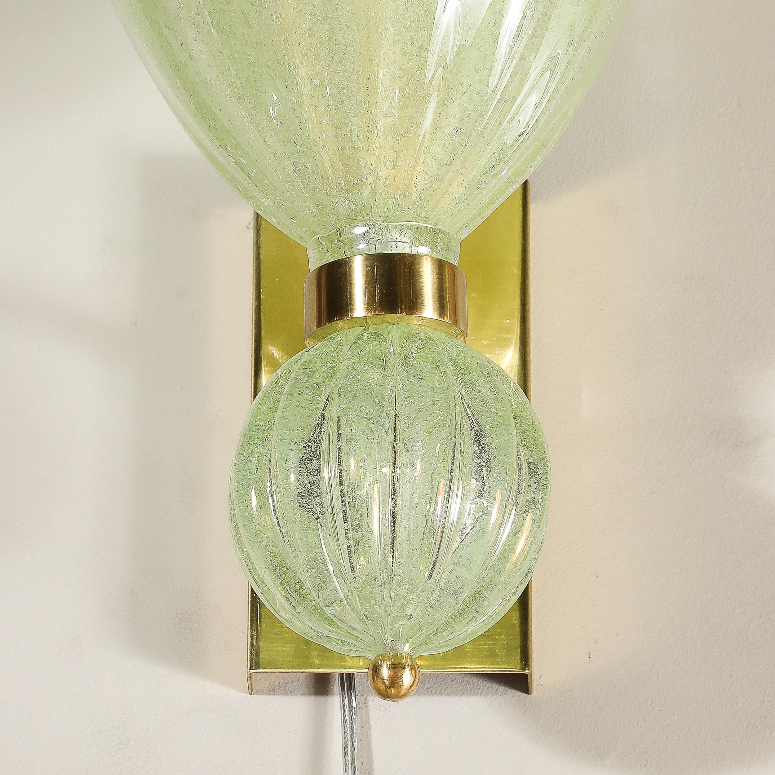 Pair of Modernist Pale Jade Hand-blown Murano Glass Sconces W/ Brass Fitting For Sale 7