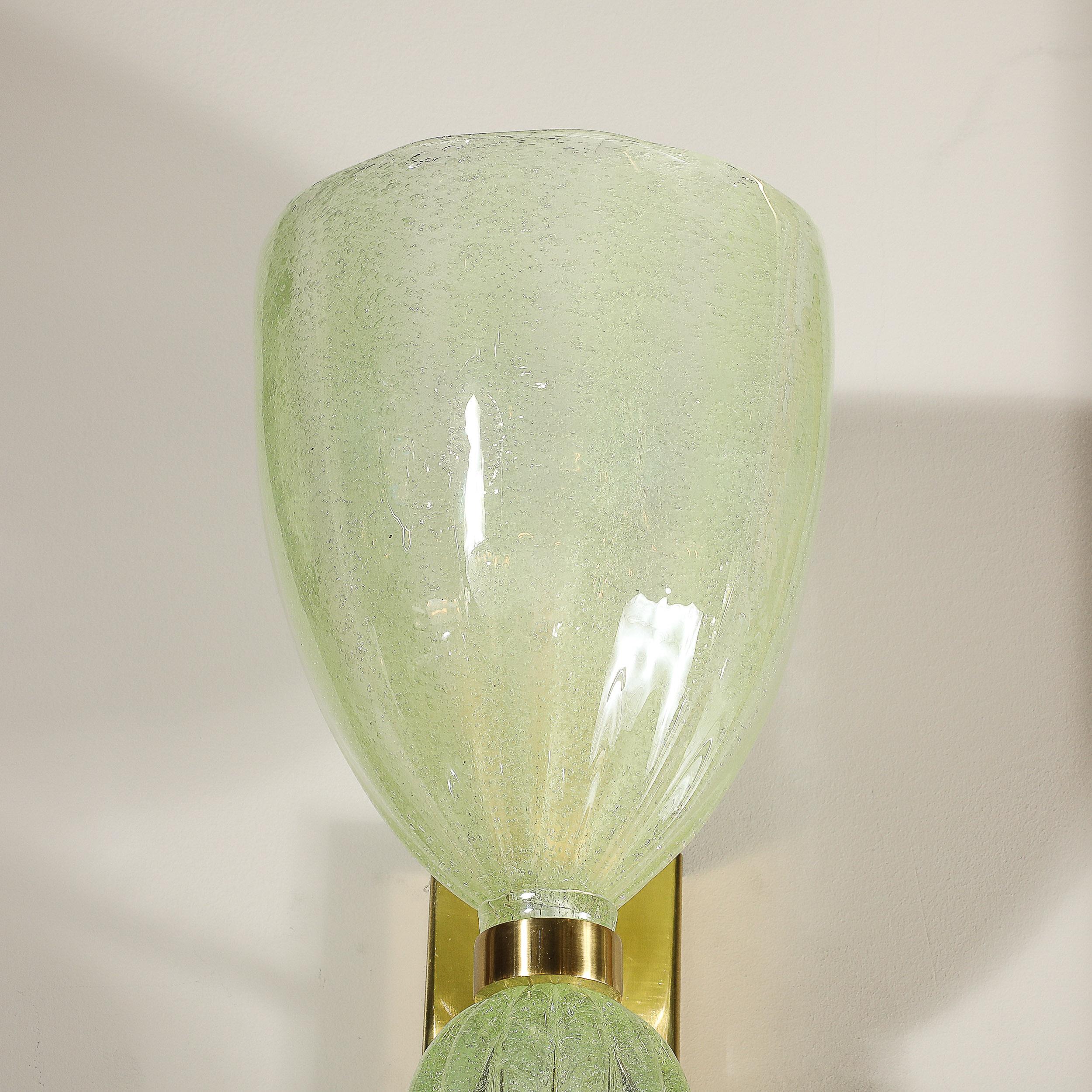 Pair of Modernist Pale Jade Hand-blown Murano Glass Sconces W/ Brass Fitting For Sale 8